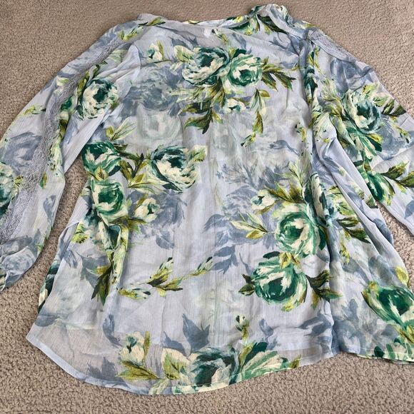 Susan Graver Blouse 3X Blue Green Sheer V Neck Pleated Long Sleeve QVC Flowy - Picture 9 of 14